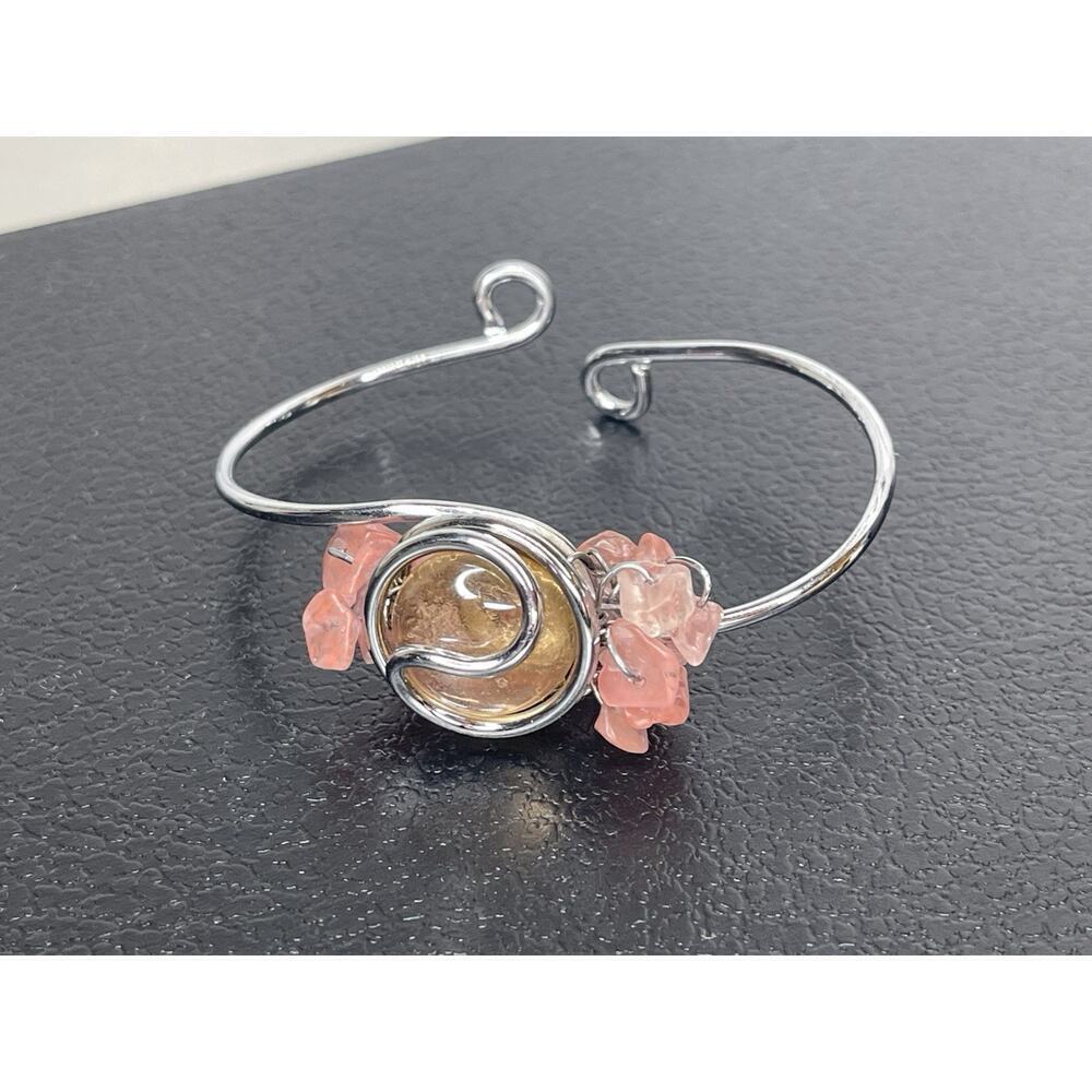 Artisan Silver Wire Wrap Bracelet Light Pink Stone & Peach Mini Stones